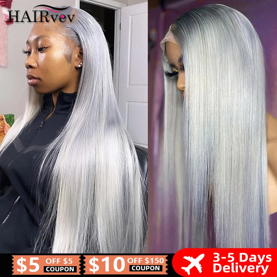 Silver Grey Human Hair Wigs Brazilian 13x4 Straight Lace Front Wigs For Women Grey 613 Colored Hd Transparent Lace Frontal Wig
