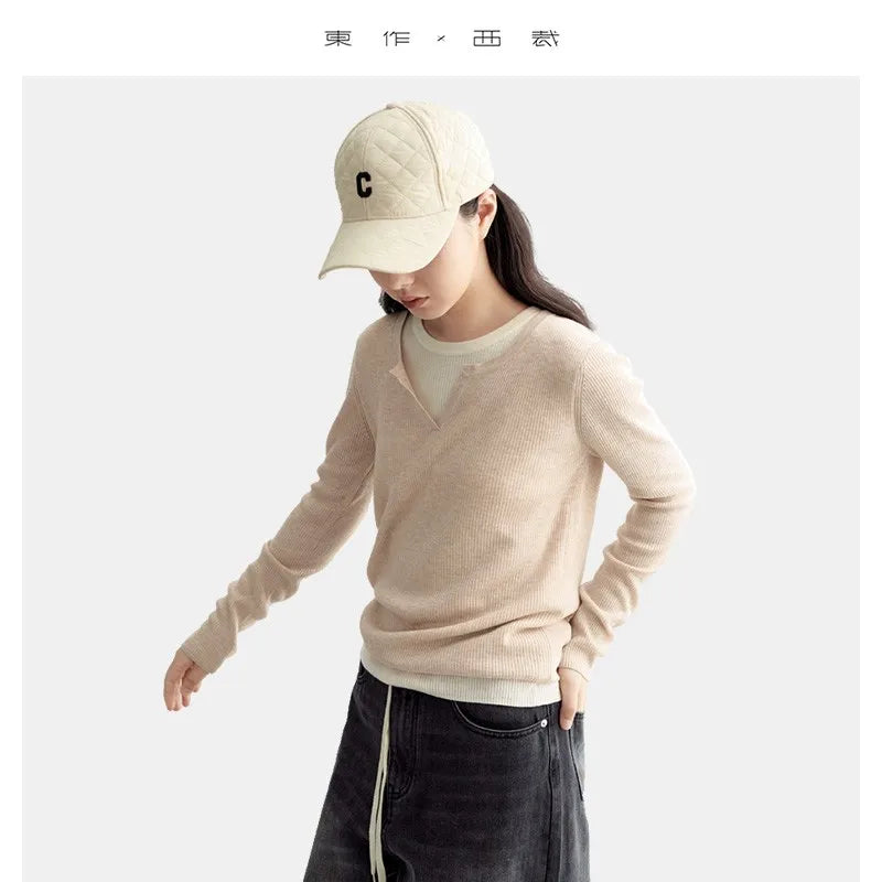 Super Comfortable to Wear~ 2025 Autumn and Winter New Style Faux Two-Piece Knit Sweater for Women, High-End Wool Sweater Top