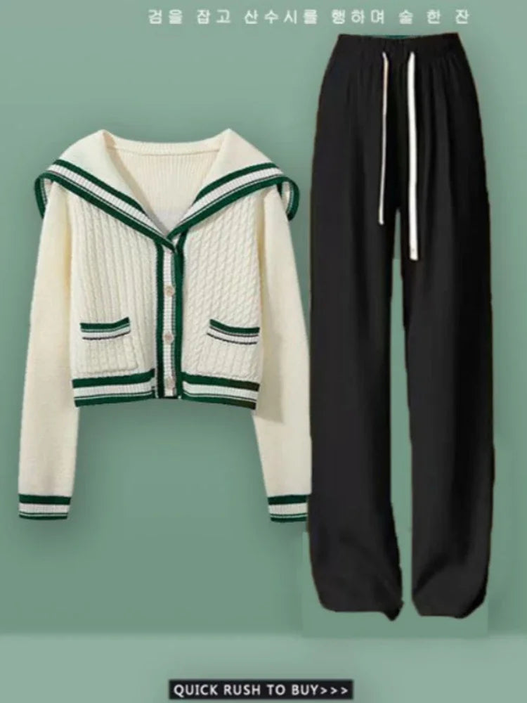 Knitted Spring Preppy Style Sailor Neck Women's Knitted Cardigan Elastic Wide Leg Pants Long Sleeve Korean Sportswear Set