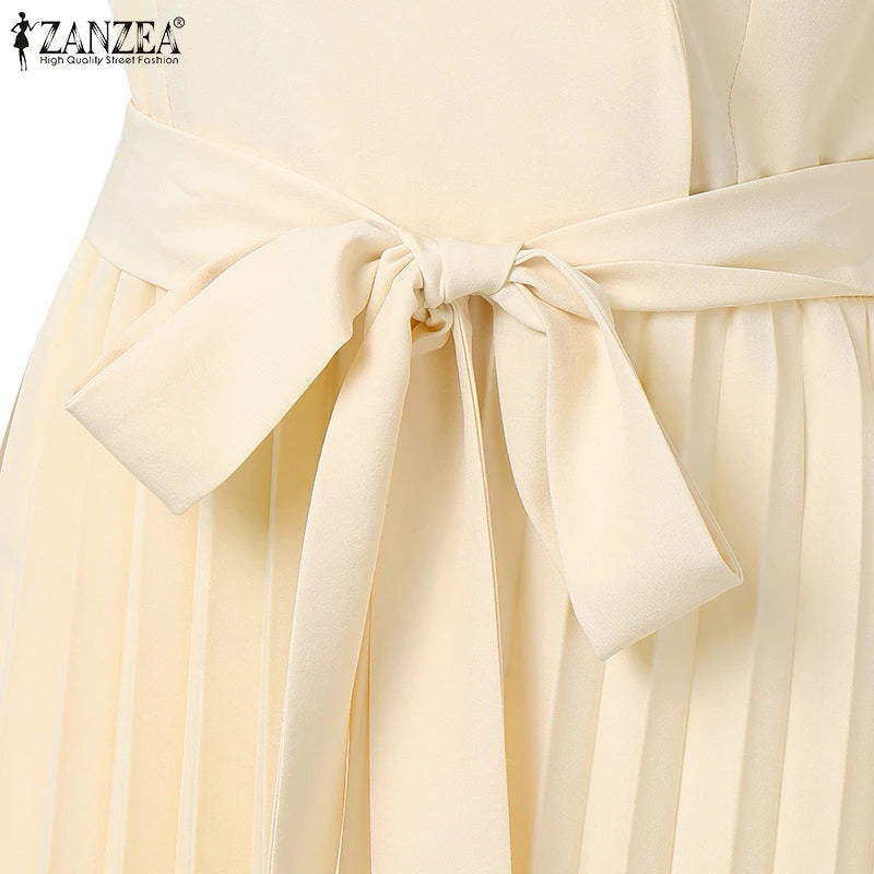 Fashion Women Jumpsuits 2026 ZANZEA Summer Rompers Elegant Wide Leg Work OL Overalls V Neck Sleeveless Pleated Playsuit Trousers