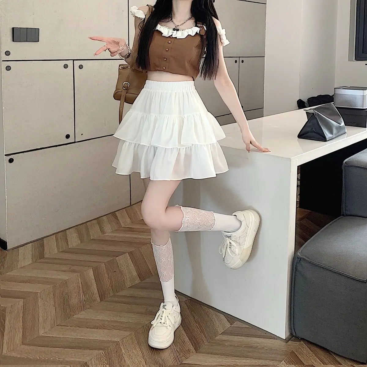 Ruffled Cake Skirts for Women High-waisted A-line Solid All-match Sweet Lovely Girls Korean Style Gentle Spring Kawaii Casual