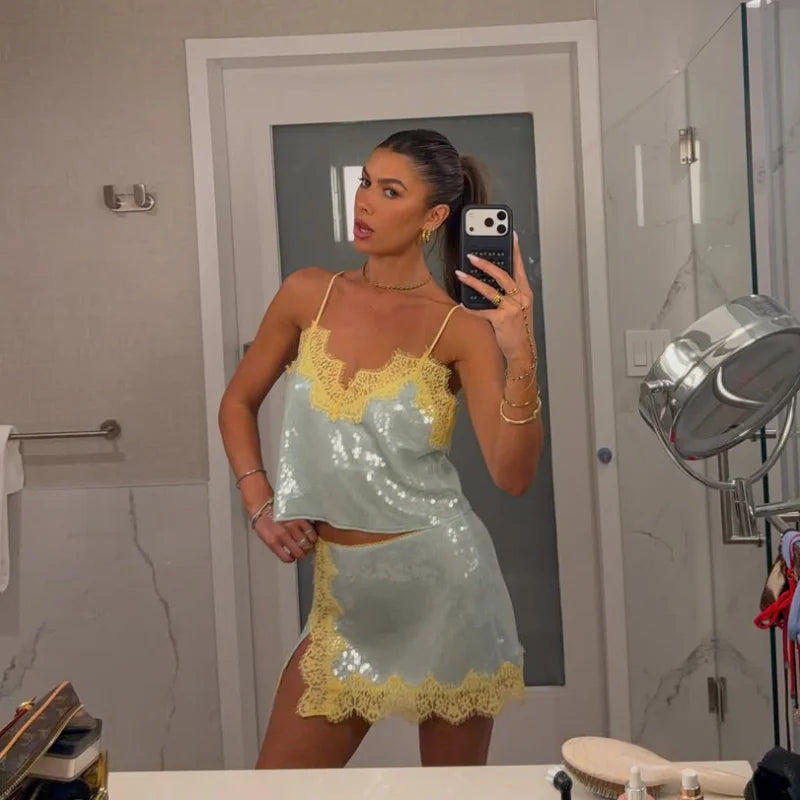 Beach Sequin Women's Dress Y2k Sexy Lace Spliced See Through Strap Mini Summer Dresses New Vacation Casual Party Robe 2026