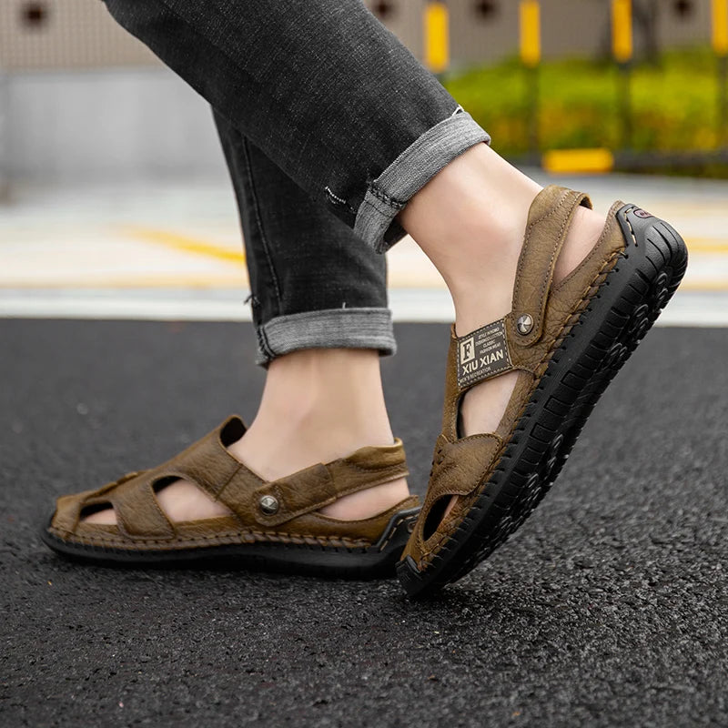 Men Soft Leather Sandals Breathable Comfort Daily Beach Big Size 45 46 Outdoor Slippers Open Toe Non-Slip Casual Summer Footwear