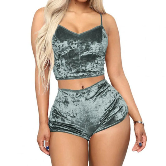 Women Sexy Pajama Set Solid Color V-neck Sleeveless Sexy Underwear Woman Solid Comfortable 2 Piece Lingerie Sleepwear Fashion