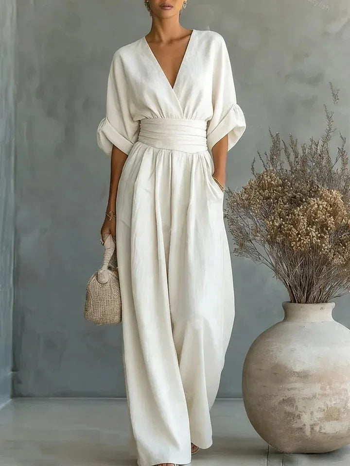 Elegant Solid Jumpsuits Women Shrot Sleeve V Neck Jumpsuit Trousers Wide Leg Pants Rompers Loose Style Belted Leotard Overalls