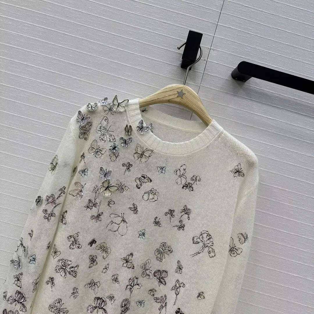 New Spring Fashion 3D Embroidery Butterfly Sweet Thin Sweater Women O-neck Long Sleeve Wool Silk Yarn Knitted Pullover