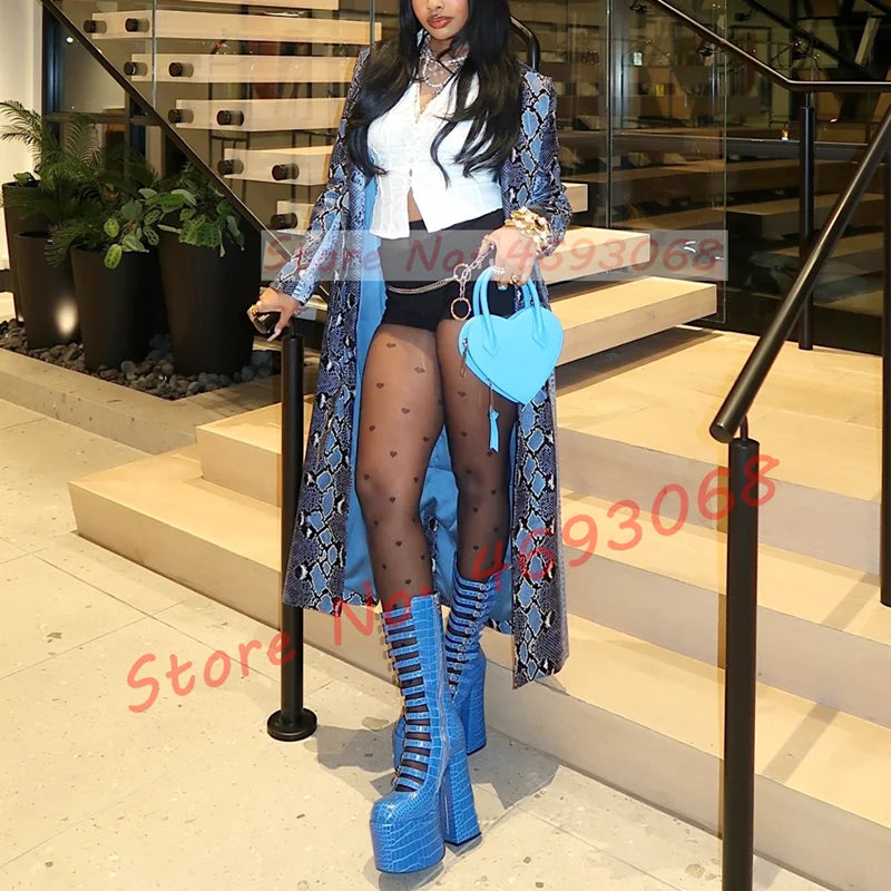Blue Strappy Platform Mid Calf Boots Women Spring Crocodile Print Round Toe Boots Ladies 14 Buckle Straps Chunky High Heel Shoes