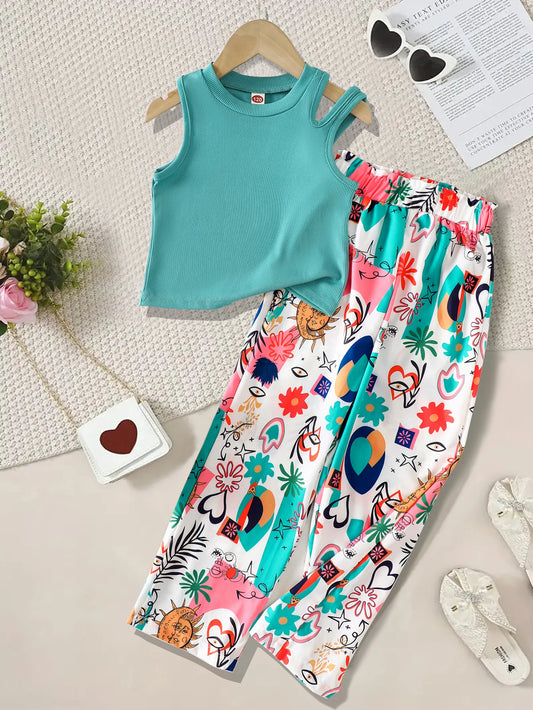 Summer Teenage Girls Clothing Set Off-Shoulder Ribbed Tank Tops and Printed Pants Two-Piece Sets for Kids Girl 6-14 Y