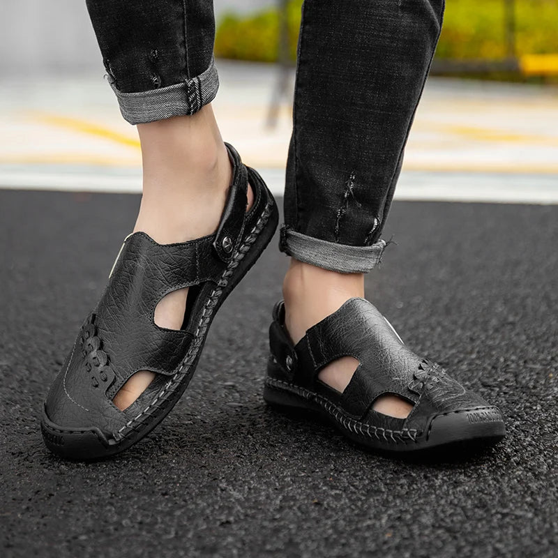 Men Soft Leather Sandals Breathable Comfort Daily Beach Big Size 45 46 Outdoor Slippers Open Toe Non-Slip Casual Summer Footwear
