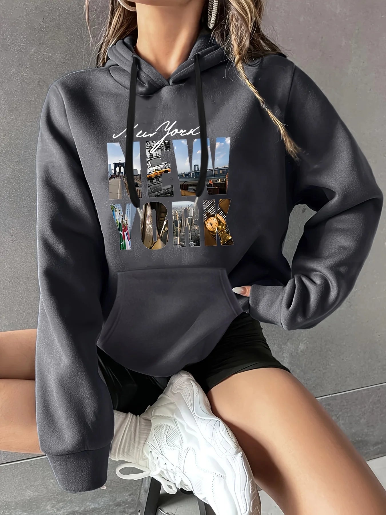 Women's autumn and winter warm and loose casual NOPE not today printed suede long sleeved hooded sweatshirt BAZAARHUBO