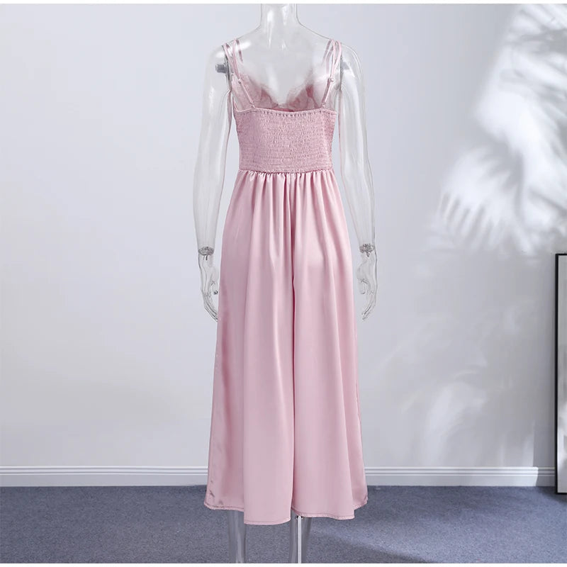 Summer Satin Lace Spliced Long Dress Women V Neck Sleeveless Waist Cinching Strap Dresses 2026 Lady Casual Solid Party Robe