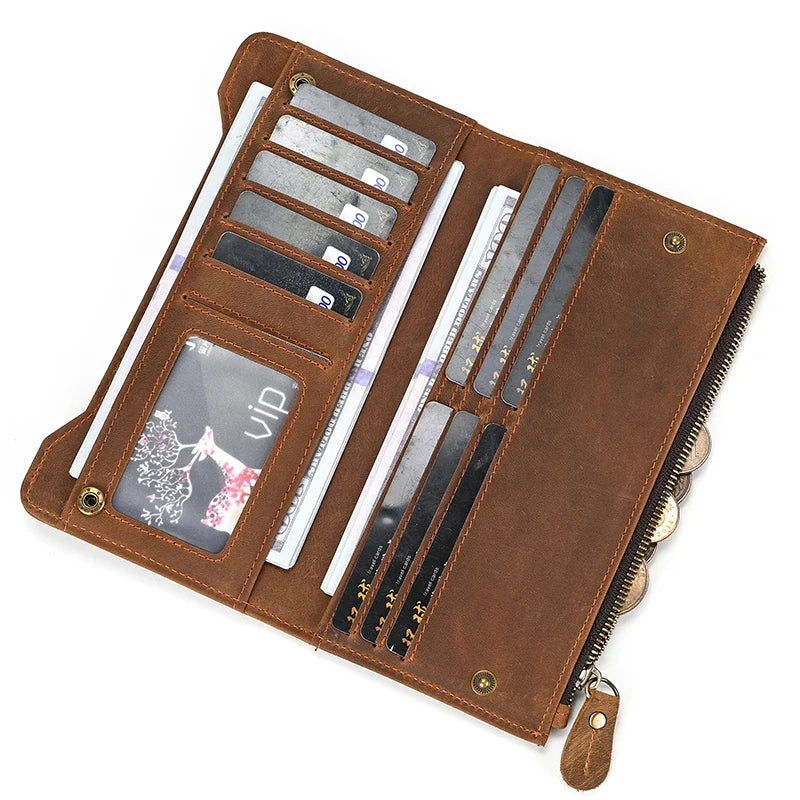 Men's Crazy Horse Leather Long Wallet Brown Real leather Trifold clutch snap purse Hasp purse with Phone pocket and coin pocket