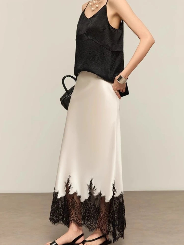 Elegant Lace-Trim Satin Midi Skirt Women Summer High Wasit Wrapped Hip Slim Long Skirts Fairy Fashion Office Women Clothing New