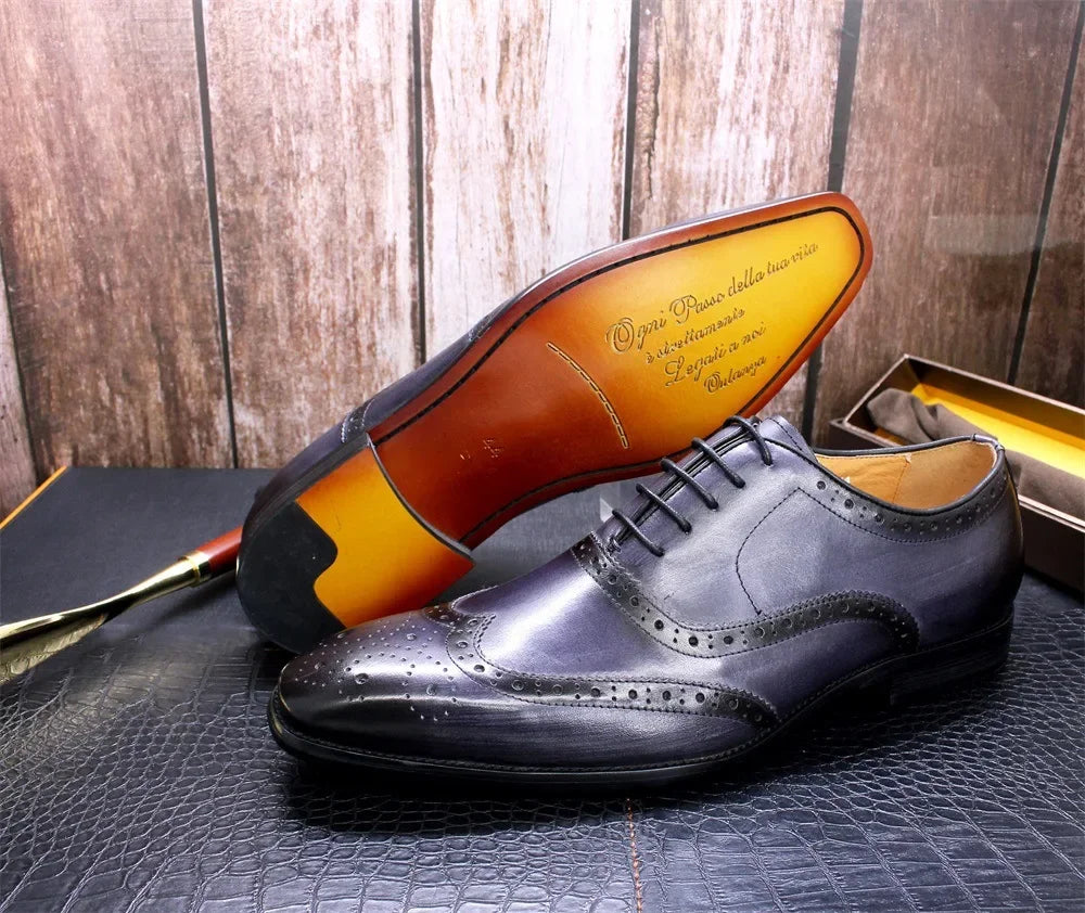 Noble Purple Handmade Mens Brogue Carved Leather Shoes Genuine Leather Men's Dress Shoes Classic Business Formal Shoes for Men