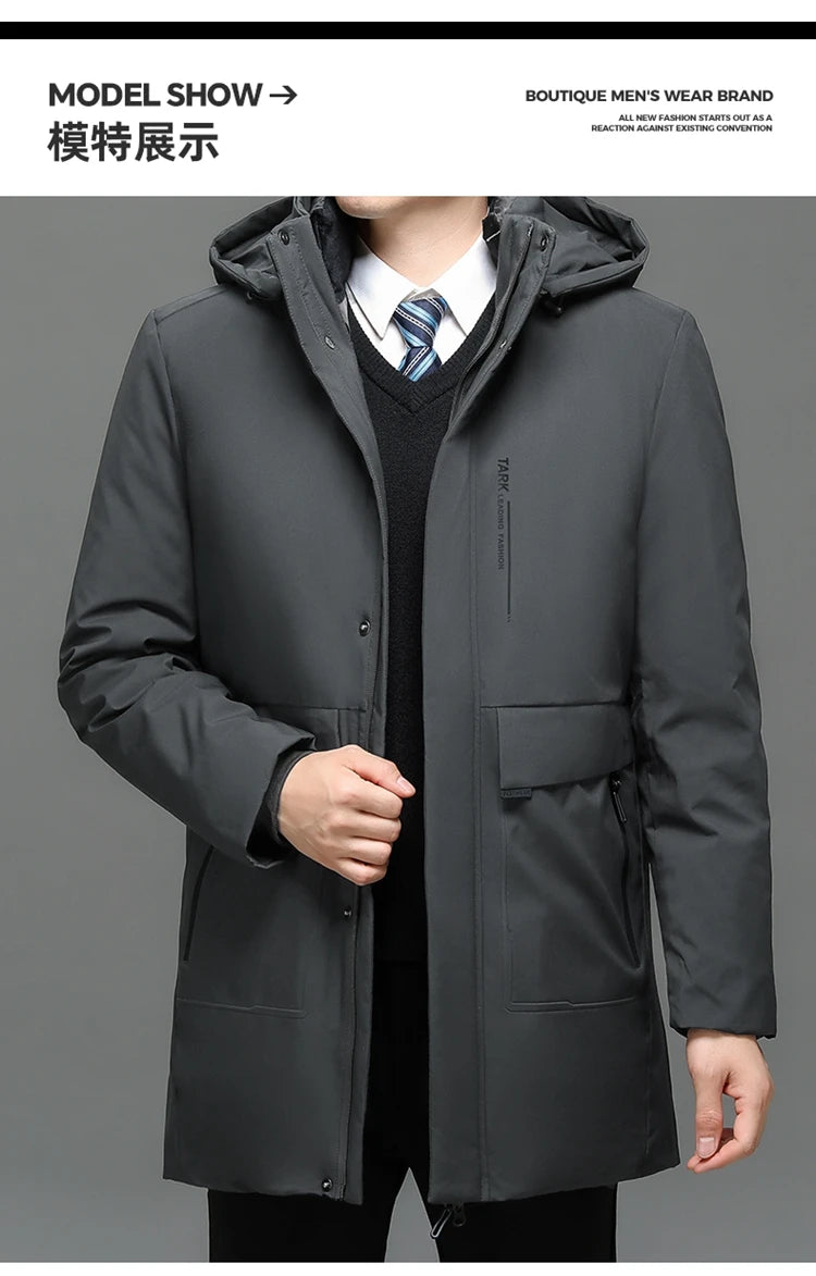 Business Men Thick Winter Big Hood Collar Warm Parka Waterproof Windproof NEW -40 Degrees Top Quality White Duck Down Jacket Men