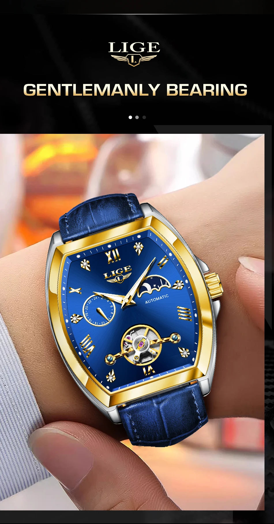 LIGE Luxury Mens Rectangular Dial Mechanical Watches Waterproof Leather Automatic Luminous Watch Business Men relogios masculino