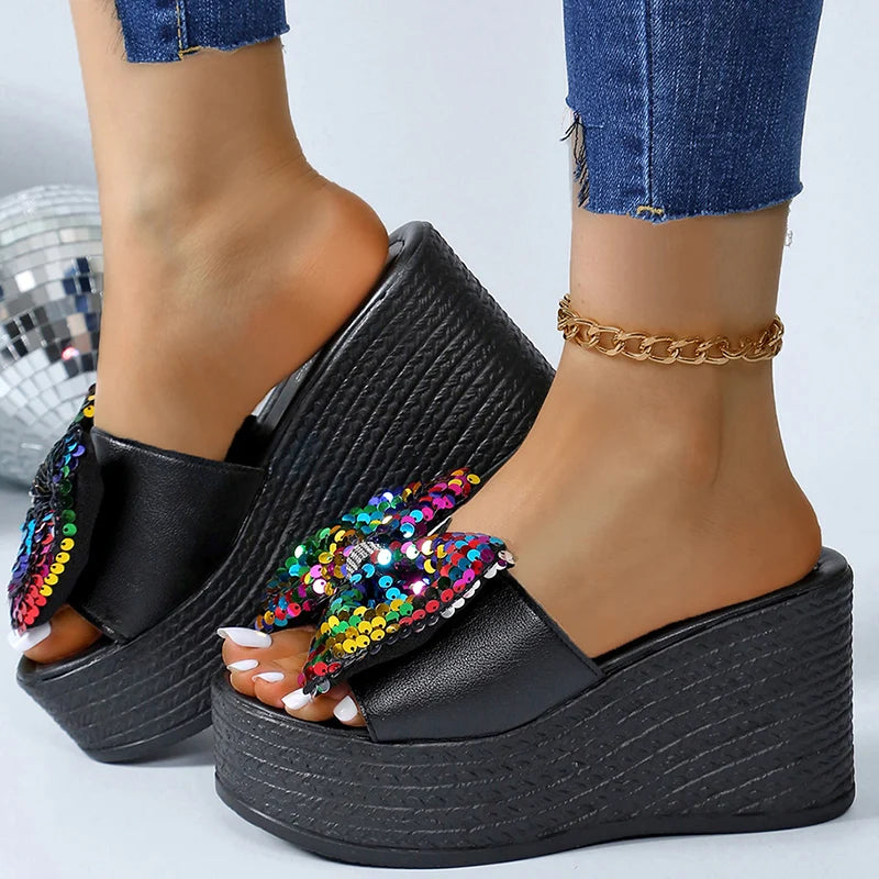 Chunky Platform Colorful Glitter Sandals Women Summer 2025 Super High Heels Big Bowtie Slides Woman Thick Bottom Slippers Shoes