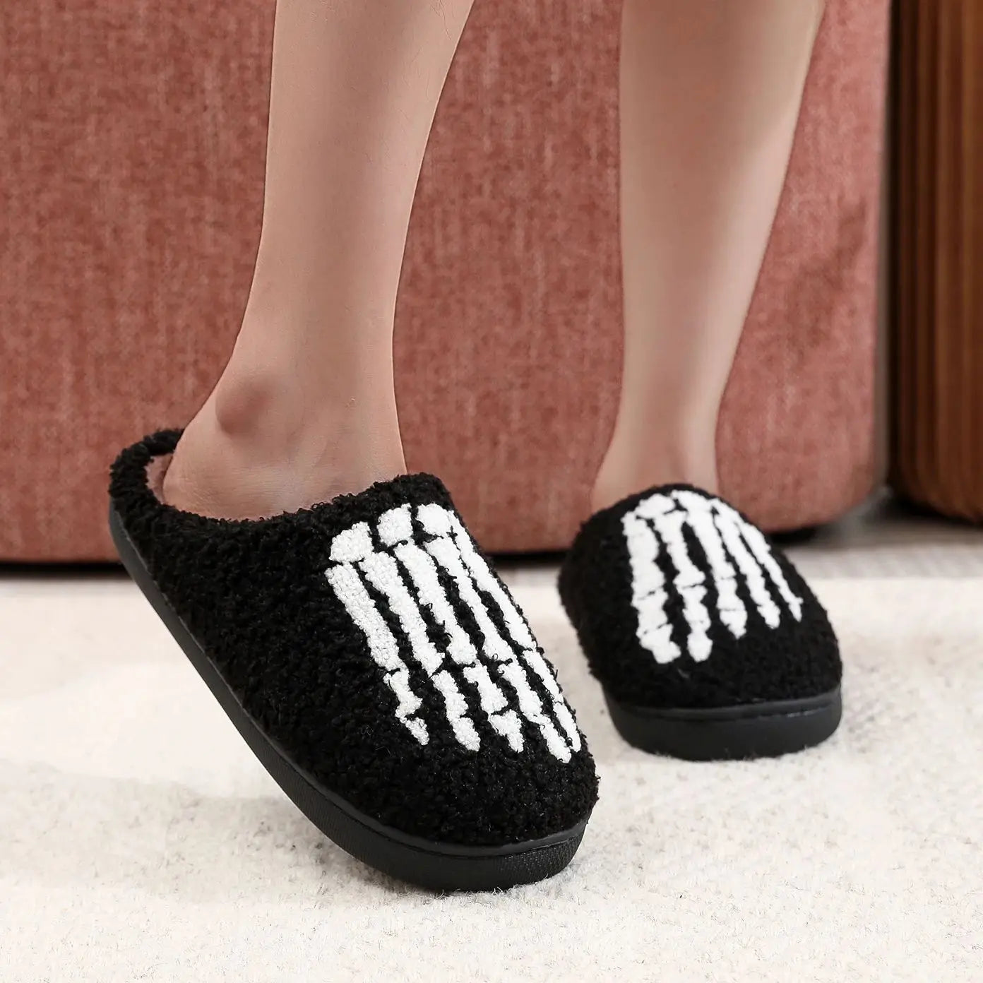 Skull Toe Pattern Personality Dark Style Embroidery stuffed Home Platform Cozy Fur Cotton Slippers Warm Non-slip Indoor Slippers Men Women Halloween Gift