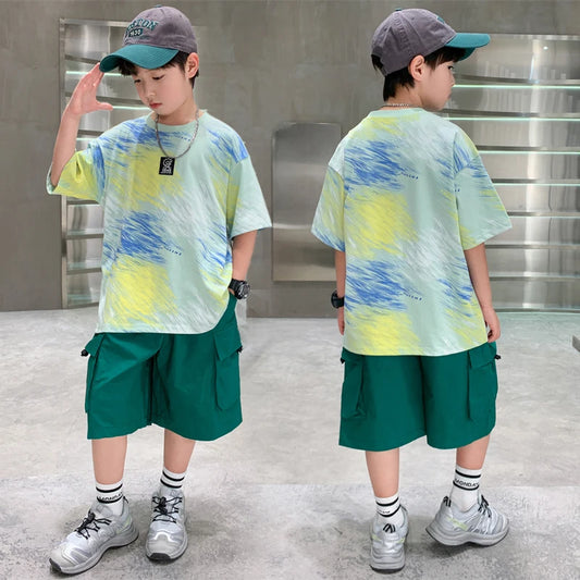 Boys 2PC/Sets For Age 5-14 Years Old Teen Child Clothing Suit New Kids Summer Short Sleeve T-Shirt + Shorts Casual Street Outfit