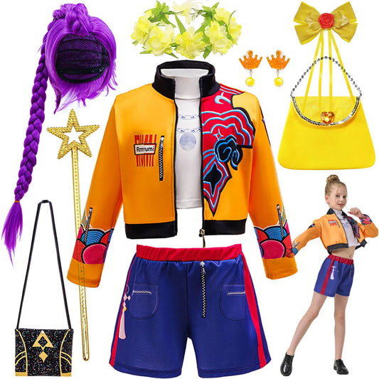 Kids Fashion Outfit Set Girls Printed Jacket Shorts Costume With Purple Braided Crown Accessories Halloween Birthday Party Dress