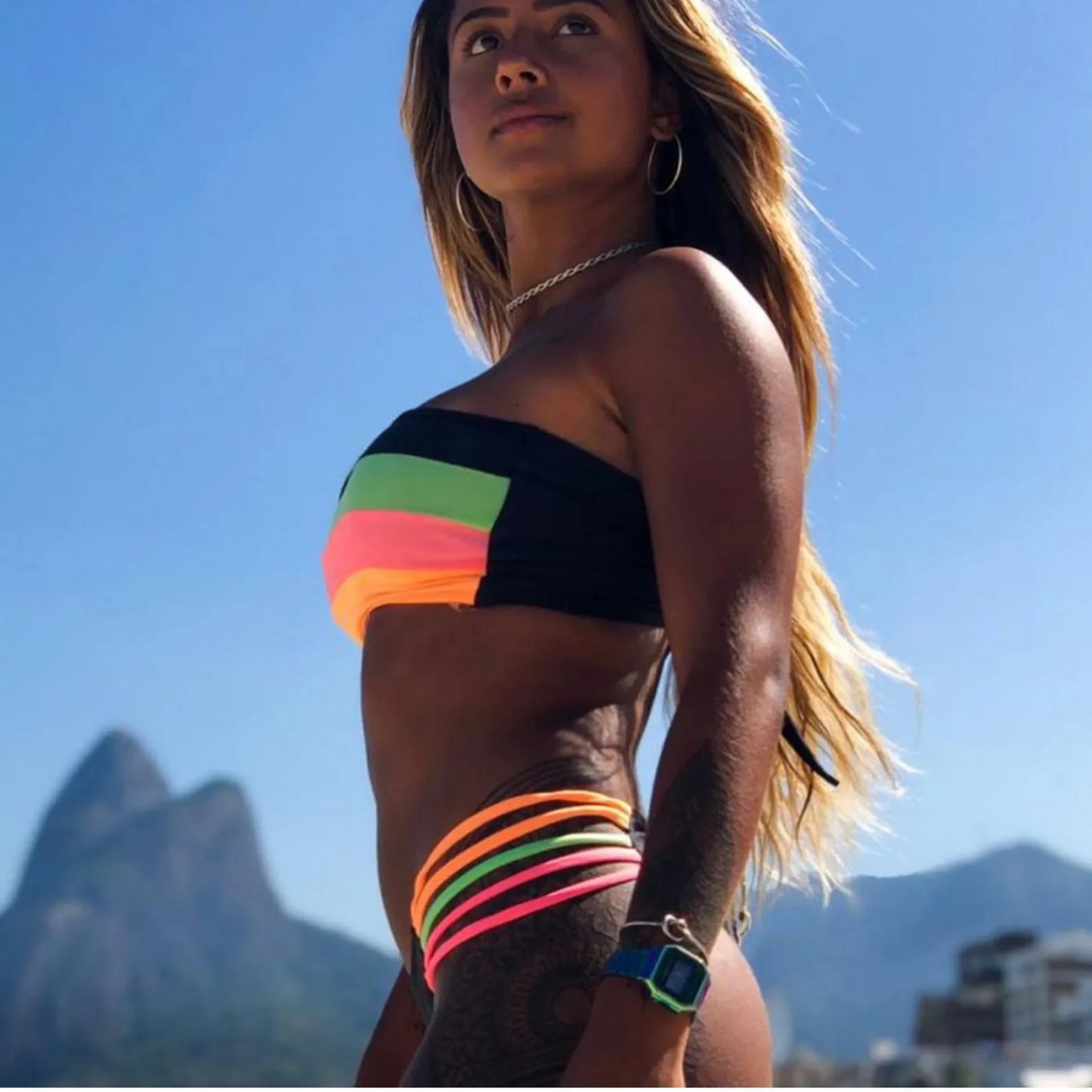 Women's Swimsuit Sexy Split Bikini Plain Cloth Splicing Striped Swimsuit Swimwear