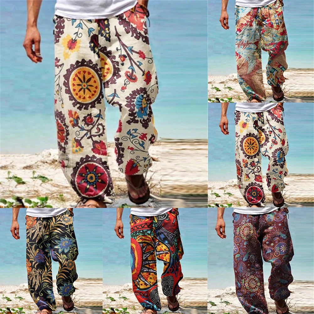 Mens Casual Baggy Harem Pants Elastic Waist Beach Loose Wide Leg Hippy Trousers