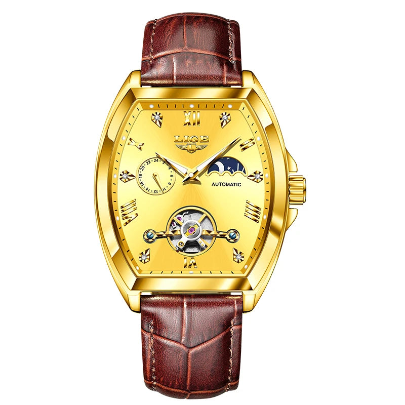 LIGE Luxury Mens Rectangular Dial Mechanical Watches Waterproof Leather Automatic Luminous Watch Business Men relogios masculino