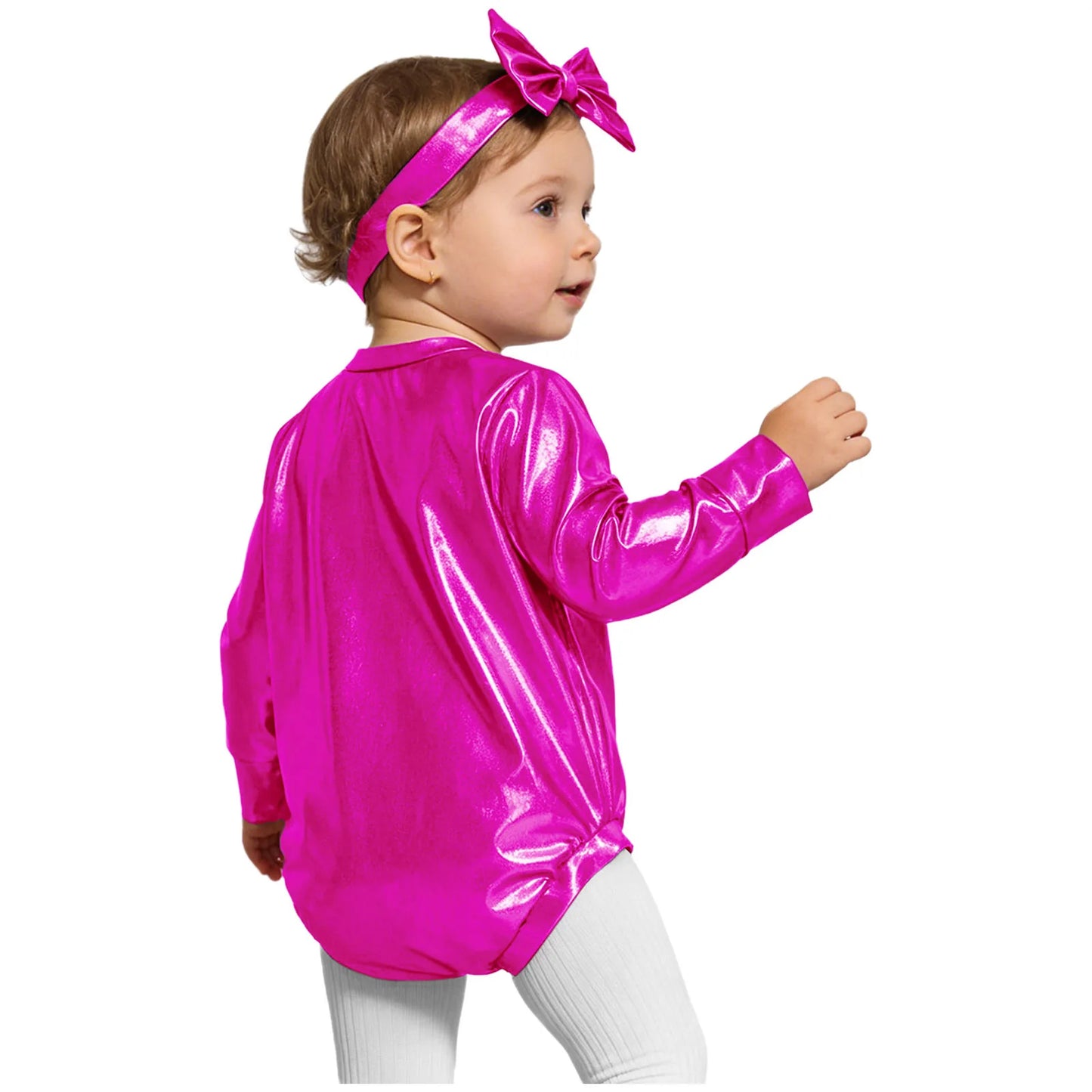 Baby Girls Long Sleeve Metallic Shiny Buttons Crotch Romper with Bow Headband Birthday Theme Party Photography Outfit Daily Wear