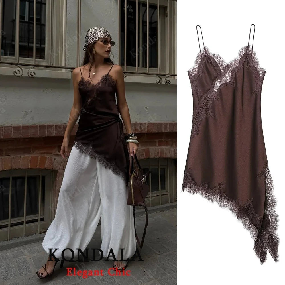 KONDALA Women Sexy High Street Lace Cami Short Dress Asymmetrical Dress 2025 Spring Autumn Fashion Party Dinner Date Mujer Dress