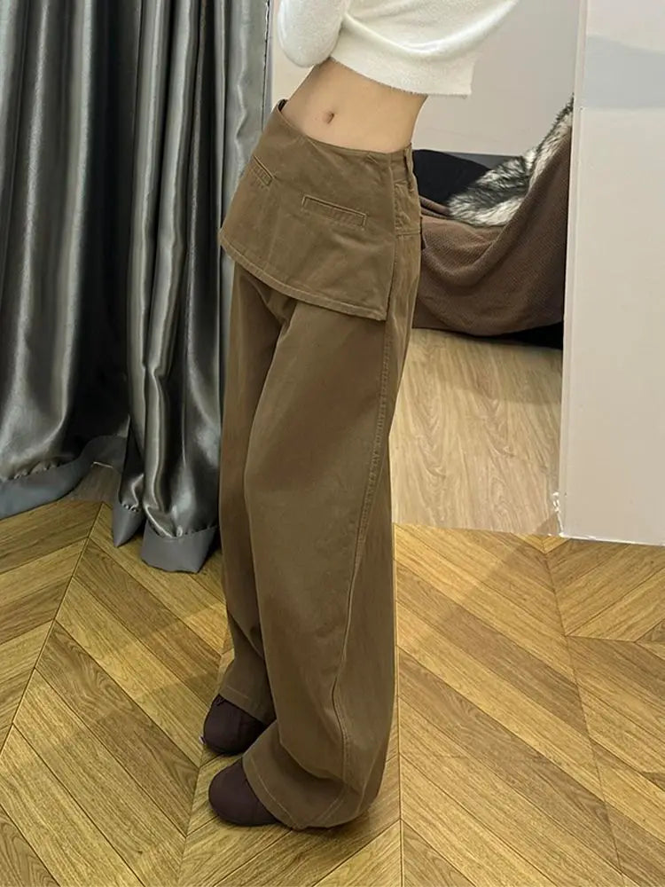 Design Sense Splicing Stacked Skirt Pants Retro Fake Two-piece Floor-mopping Trousers