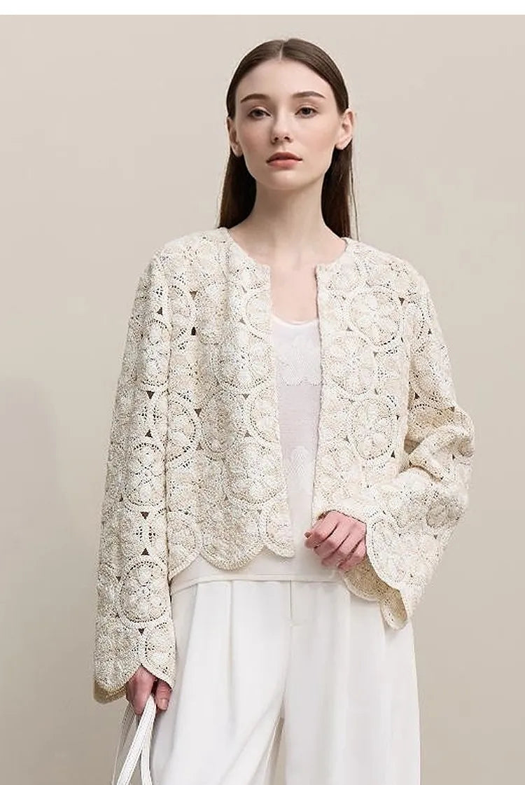 Amii Women Jackets 2026 Spring New Elegant Round Neck Hollow Crochet Jacket Women's Loose Short Cotton Long Sleeve Tops 12621069