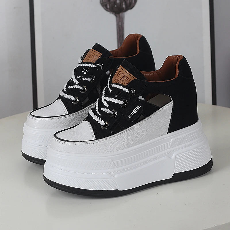 Spring and Summer Platform Casual Shoes Ultra High Heels Increase 12CM Small Hollowed Breathable Sandals