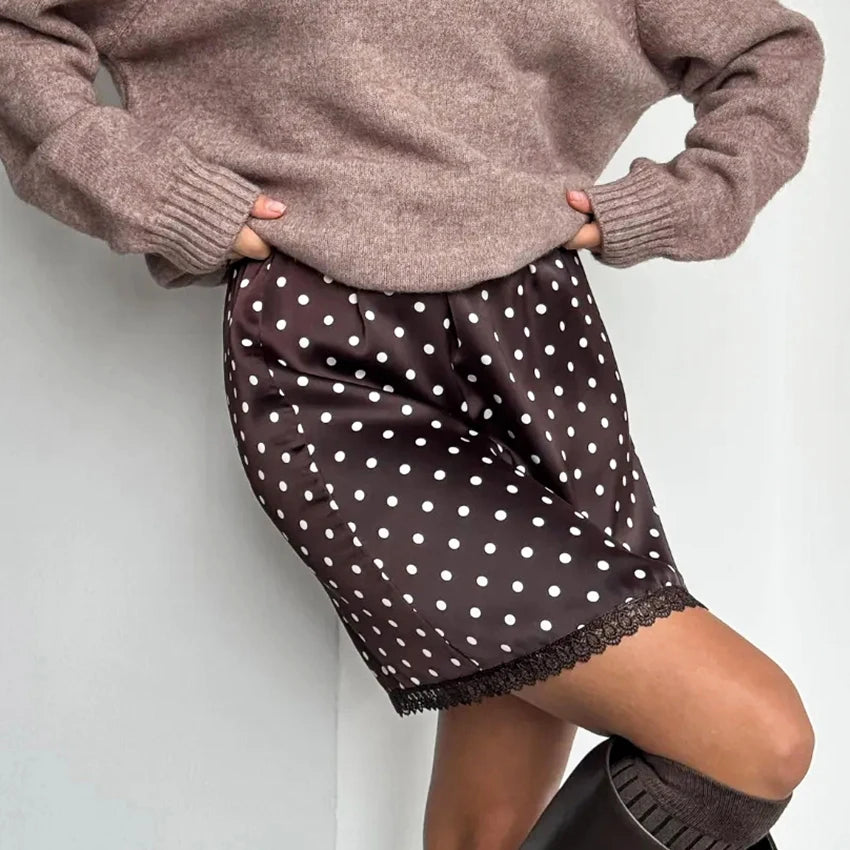 Linad Street Chic Polka Dot Lace Skirts Spriing Vintage Satin Mini Skirt 2026 Fashion High Waist A Line Short Skirts For Woman