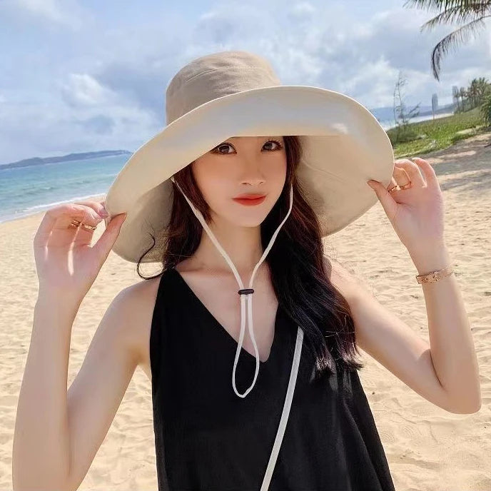 Wide Brim UPF 50+ Sun Hat Women Anti-UV Protection Hiking Fisherman Cap Fold Summer Solid Beach Hat 2024 Double sided Sun hat BAZAARHUBO