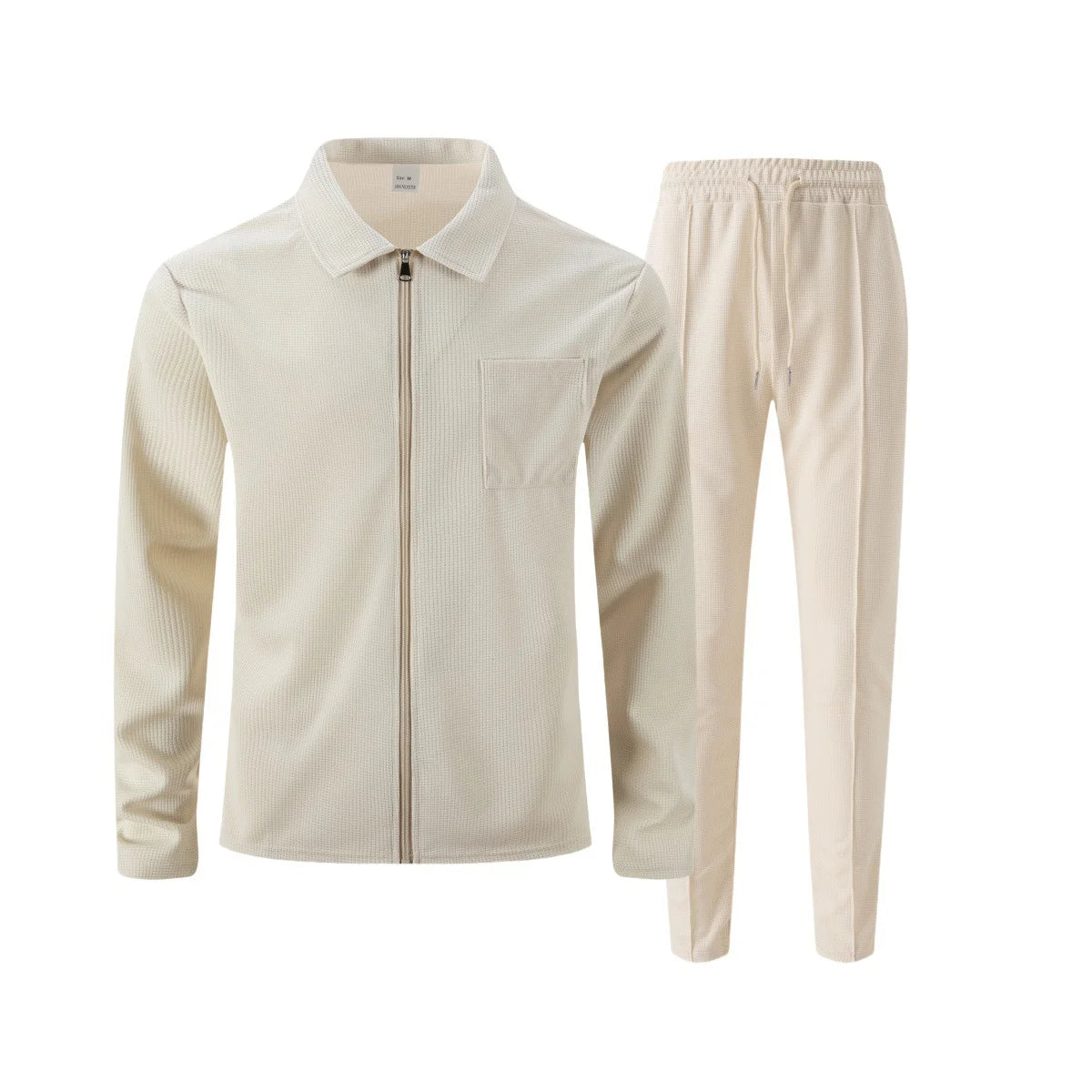 Mens Casual 2 Piece Set Waffle Texture Zip Up Jacket + Elastic Waist Trousers Comfortable Lightweight Suit for All