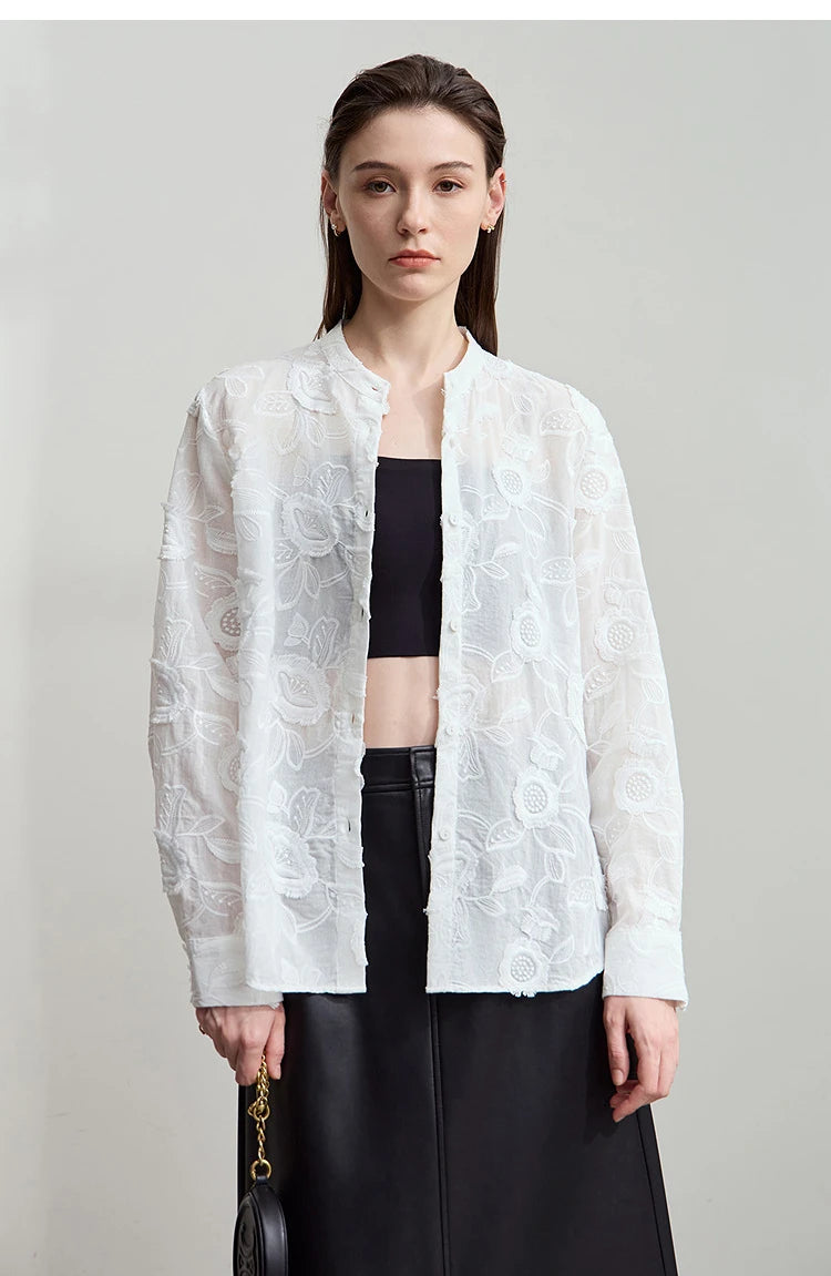 AMII 2025 Autumn New Elegant Embroidery Women's Shirt Stand Collar Wide Shoulder Office Lady Loose Blouses Women Tops 12543066