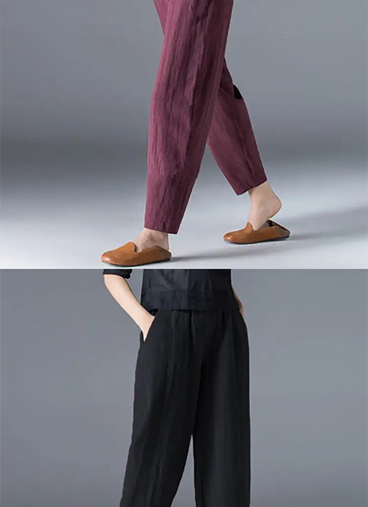 Cotton Wide Leg Pants Female Loose Oversized Solid Color Harem Summer Casual Elastic Waist Ankle-length Pants Women Clothing