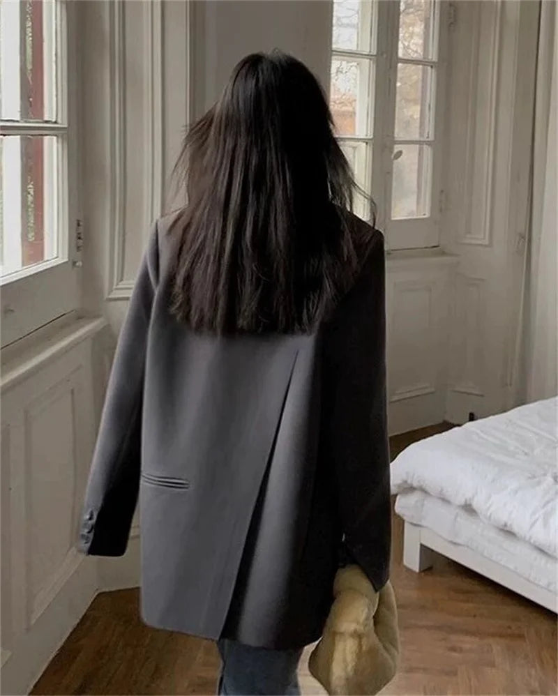 Back Slit Design Blazer Coat For Women Casual Korean Streetwear Chic Long Sleeve