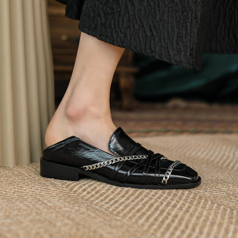 Dilalula 2025 Luxury Genuine Leather Loafers Womens Autum Spring Low Thick Heels Chain Pumps Female Leisure Natural Leather