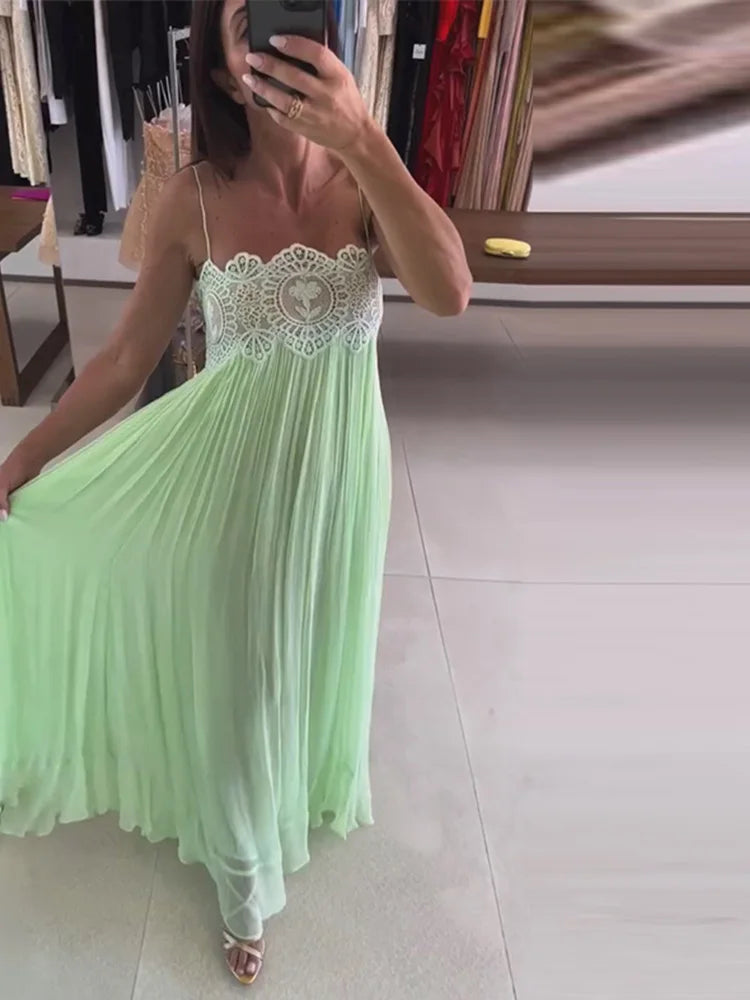 Sheer Layers Lace Stitching Solid Women's Suit Sling Mini Top High Waist Loose Long Skirt Fashion 2026 Summer New Beach Lady Set