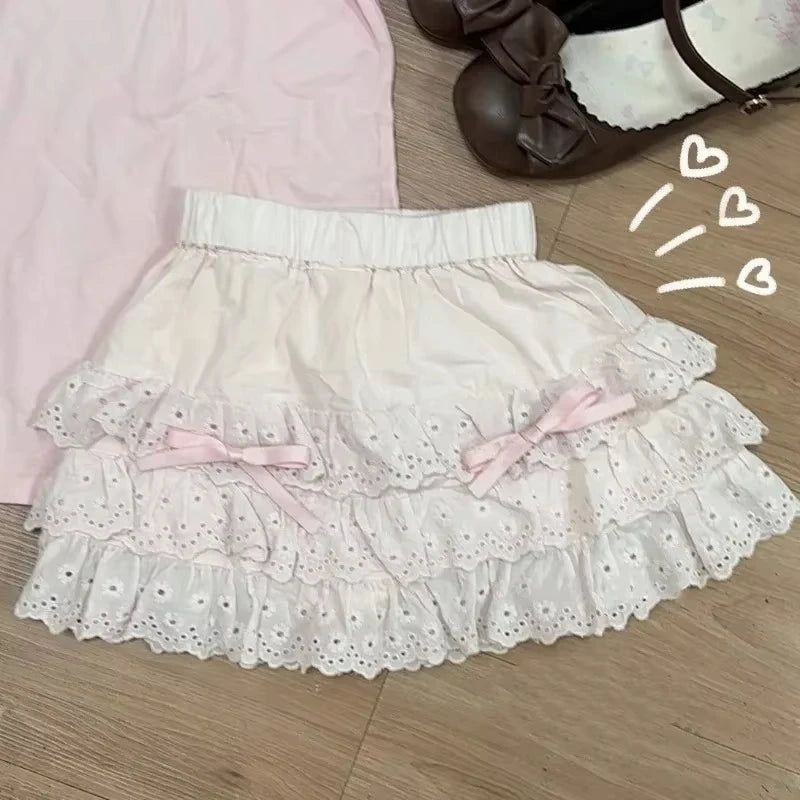 Mini Skirts for Women Sweet Cute Jupe Fashion Summer Japanese 2025 Faldas Mujer De Moda Bow Polka Dot Ruffles Y2k Skirt