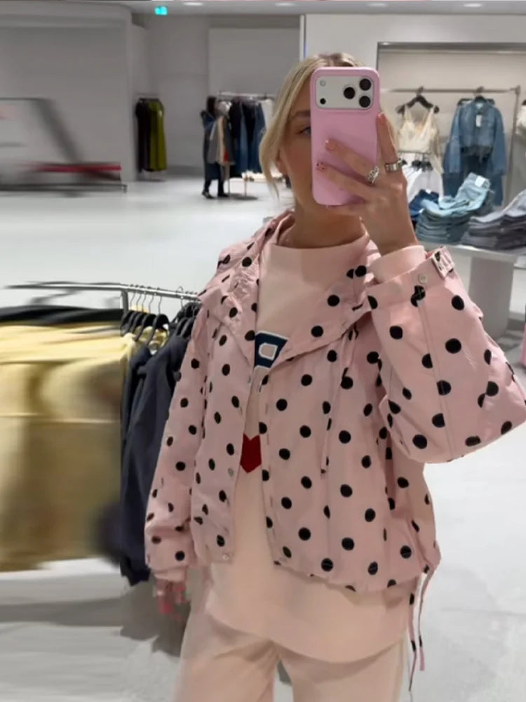 Chic Polka Dot High Neck Short Jacket For Women Long Sleeve Loose Lace Up Coat Commuter Casual Outwears 2026 New Lady Streetwear