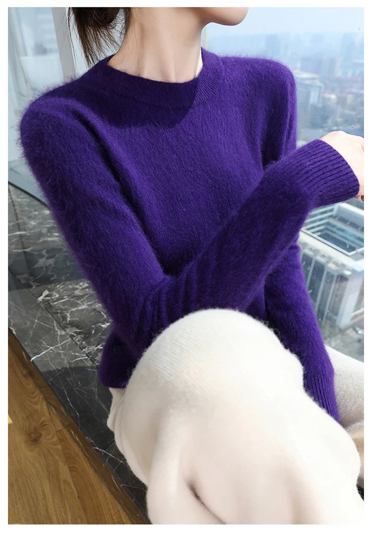Autumn and winter women's semi high neck pullover sweater solid color knitted slim fit women's 100 mink cashmere sweater new sty