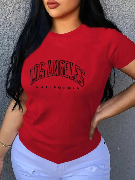 LOS ANGELES Letter Print Crew Neck T-shirt, Casual Loose Short Sleeve Fashion Summer T-Shirts Tops, Women's Clothing