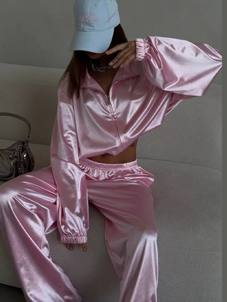 2026 Spring Satin Embroidered Zip-Up Jacket Wide Leg Pants Set Oversized Slouchy Women 2 Pcs Outfit Cool Lady Co-ord Streetwear