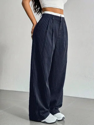 Fashion Pants Women's Stripe Straight Pants 2024 Autumn Winter High Waisted Casual Suit Pants Office Lady Women Trousers Bottoms BAZAARHUBO