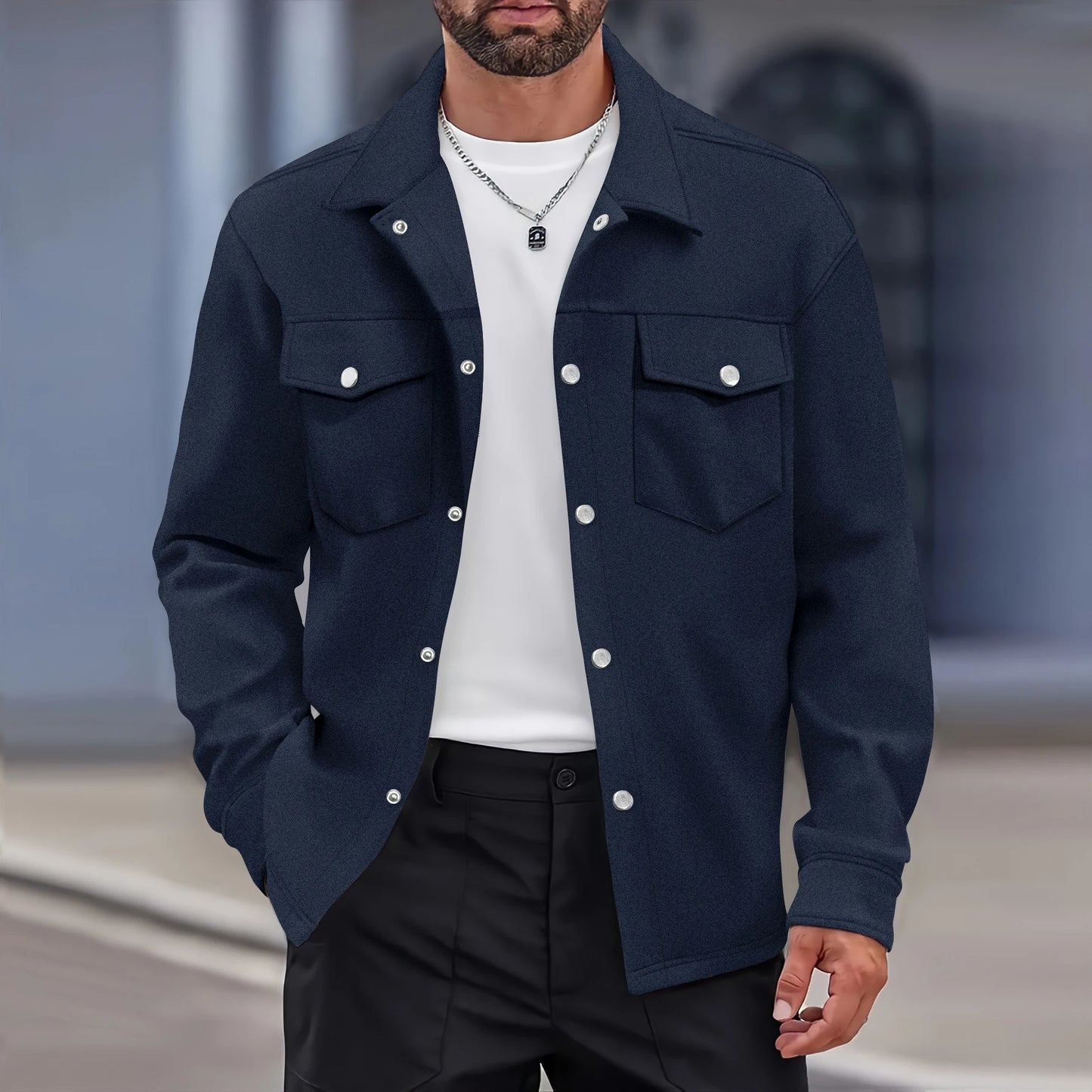 Men's Casual Turn Down Collar Button Up Jacket with Flap Pockets Lightweight Shacket