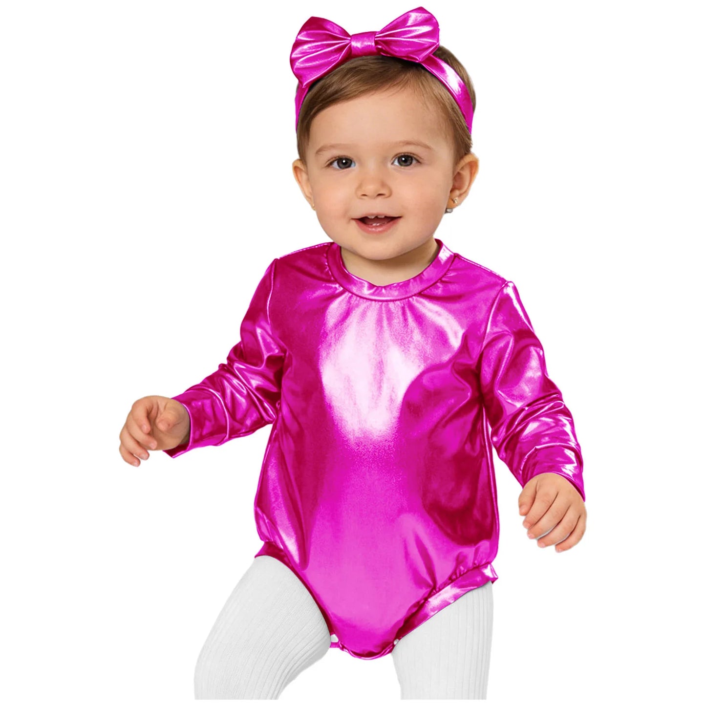 Baby Girls Long Sleeve Metallic Shiny Buttons Crotch Romper with Bow Headband Birthday Theme Party Photography Outfit Daily Wear