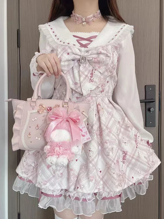 Japanese Sweet Cute Slim Dress Women Kawaii Chic Print Bow Thin Long Sleeve Dresses Female Design Pretty Lovely New Clothing