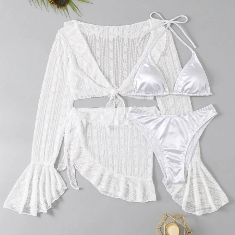 4Pcs/Set Fashion Summer Women Swimsuit Long-sleeve Party Cover-up Swimwear Vacation Casual Brazilian Beachwear for Women